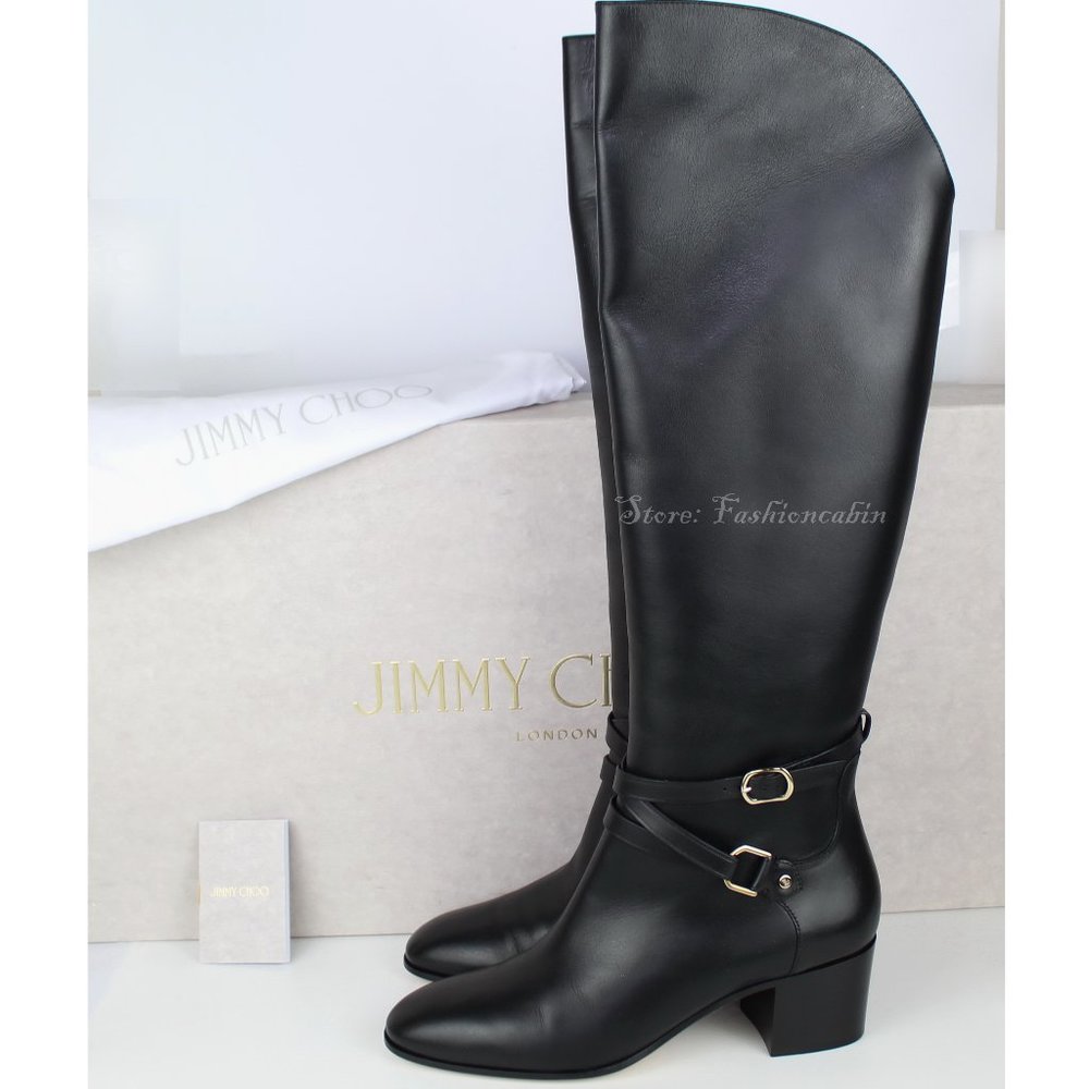 NEW JIMMY CHOO Huxlie 45mm Leather Heel Boots, Black, US 10